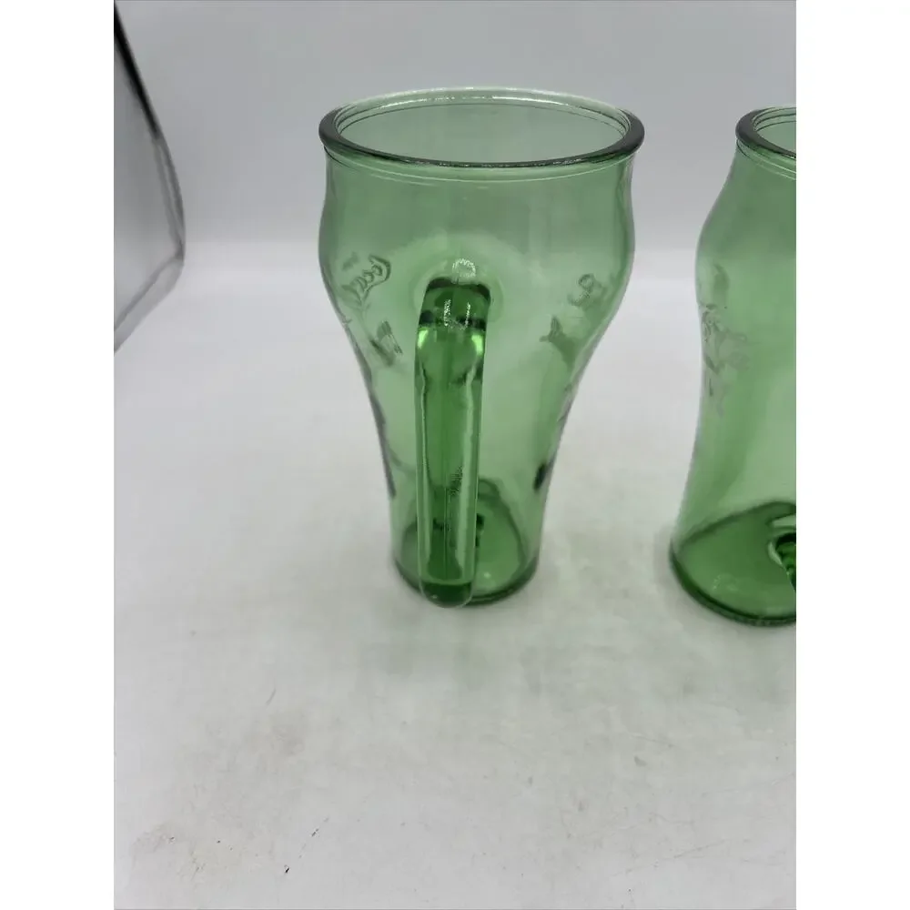 2 Vintage 1980's Coca-Cola Cowboy Whataburger Green Glass Handled Mugs